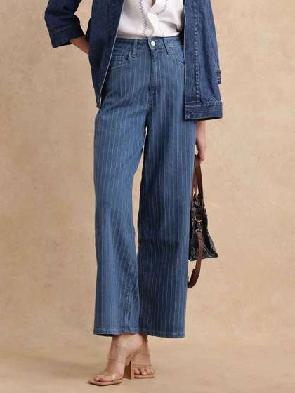 RAREISM Women Blue
                          Striped Wide Leg Fit Mid Rise Jeans
