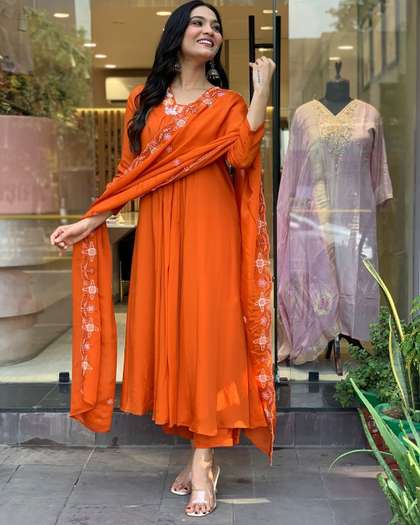 GoSriKi Floral Yoke Design Pleated Thread Work A-Line Republic Day Kurta With Trouser And Dupatta