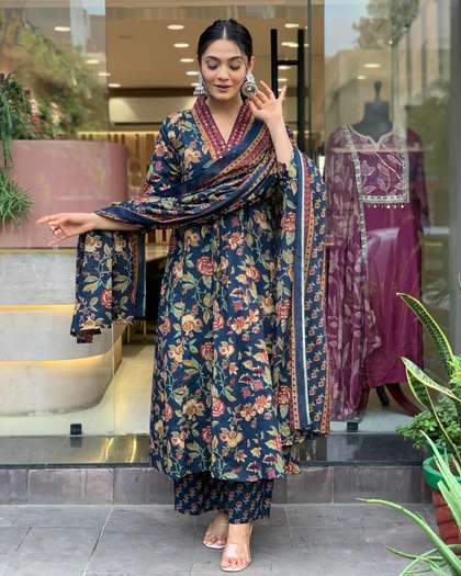 KALINI Women Floral Printed V-Neck Anarkali Kurta with Palazzos & Dupatta