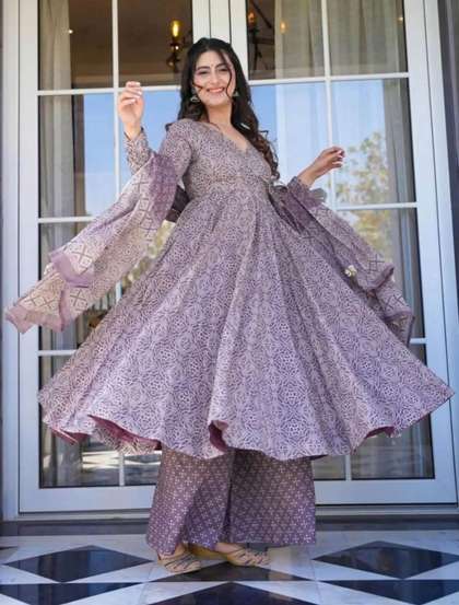 MANOJAVA Bandhani
                        Printed V-Neck Angrakha Pure Cotton Kurta With
                        Palazzos And Dupatta