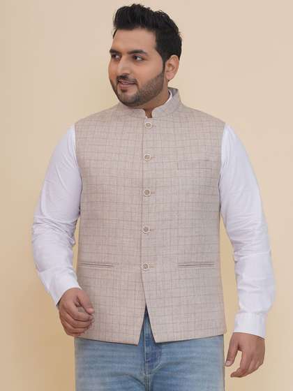 John Pride Plus Size Checked Nehru Jacket