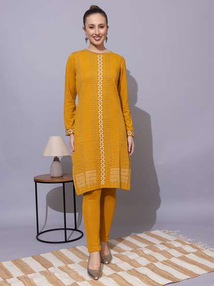 KEIKO Floral Woven Design Round Neck Jacquard Weave Acrylic Straight Kurtas