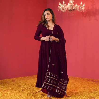 GoSriKi Anarkali Scoop Neck Kurta With Trousers And Dupatta
