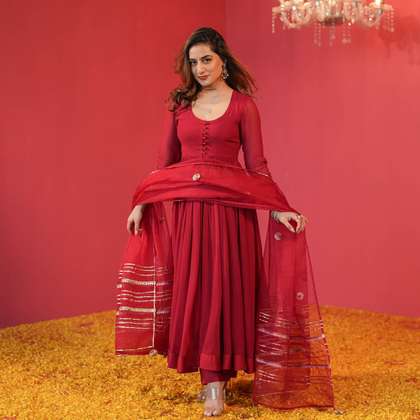 GoSriKi Anarkali Scoop Neck Kurta With Trousers And Dupatta