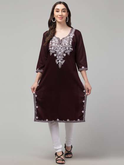 FAMBEE Floral Embroidered Notch Neck Woollen Straight Kurta