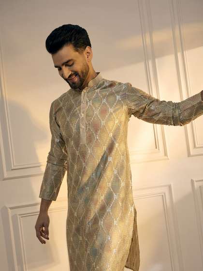 Anouk Brown
                          Chevron Embroidered Gotta Patti Mandarin
                          Collar Cotton Straight Kurta