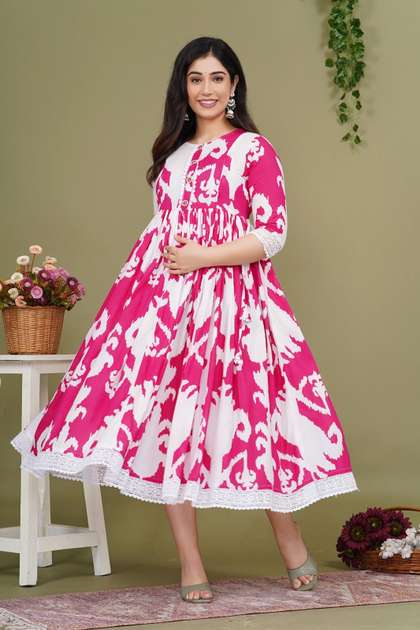 Pristyle Abstract
                        Printed Pleated Round Neck Maternity Anarkali
                        Kurta