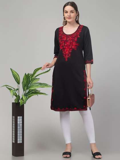 FAMBEE Floral Embroidered Round Neck Woollen Straight Kurta