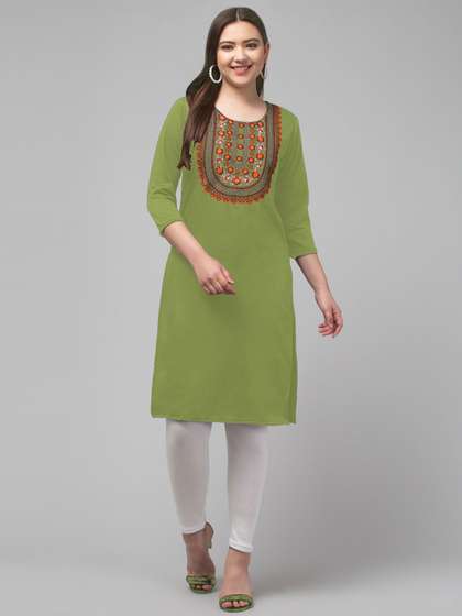 FAMBEE Floral Embroidered Round Neck Mirror Work Woollen Straight Kurta
