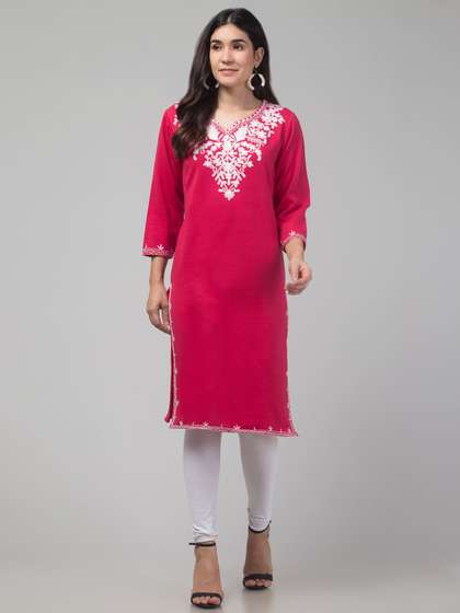 FAMBEE Embroidered Notch Neck Woolen Straight Kurta