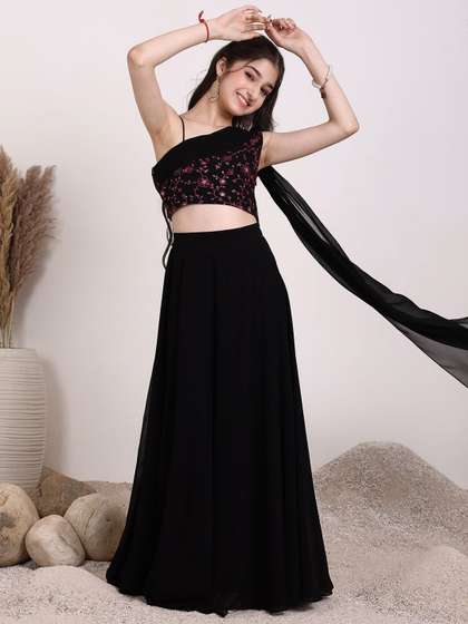 Inddus Girls
                      Embroidered Thread Work One Shoulder Ready to Wear
                      Lehenga & Blouse