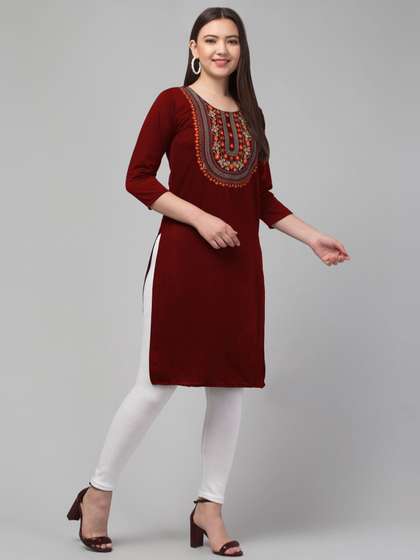FAMBEE Floral Embroidered Round Neck Mirror Work Woollen Straight Kurta