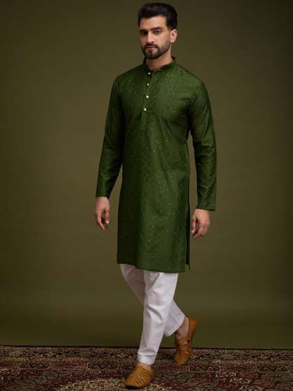 Anouk Green Geometric Embroidered Sequinned Mandarin Collar Pure Cotton Straight Kurta