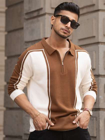 Powerlook Men
                      Colourblocked Polo Collar Pure Cotton Casual
                      Sweatshirt