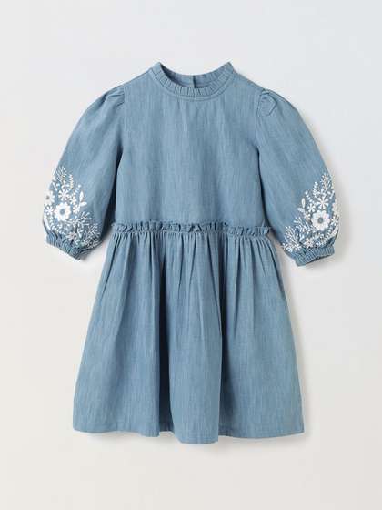 SPUNKIES Girls Ethnic
                    Motifs Embroidered Denim Cotton Fit & Flare Mini
                    Dress