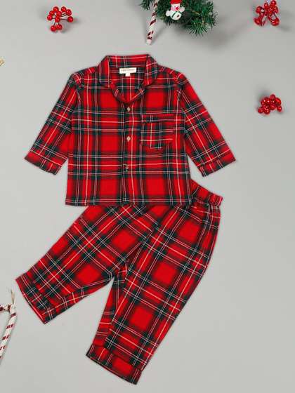 LITTLE GINNIE Unisex
                    Kids Checked Printed Cuban Collar Casual Shirt With
                    Pyjamas