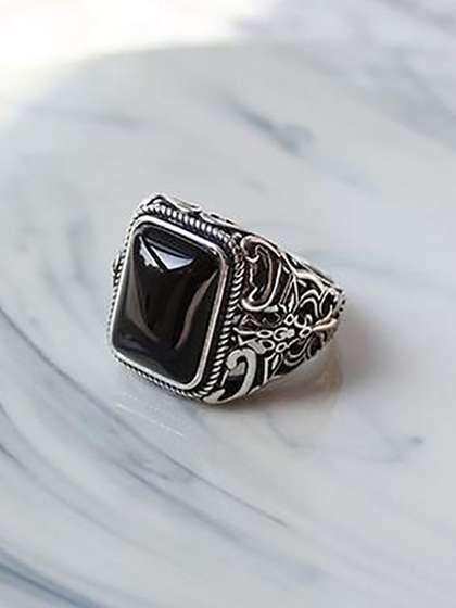 Peora Men Silver-Plated
                    Stainless Steel Stone-Studded Adjustable Finger
                    Ring