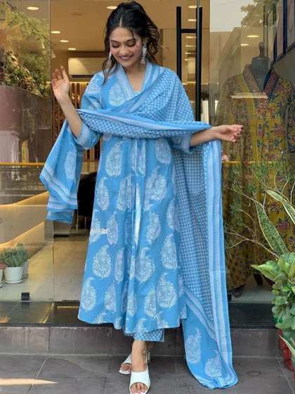 PARTHVI V-Neck Floral Printed Panelled Pure Cotton Anarkali Kurta with Trouser & Dupatta