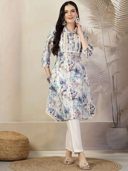 Nayam By Lakshita
                        Floral Printed Roll-Up Sleeves Mirror Work
                        A-Line Kurta With Trouser