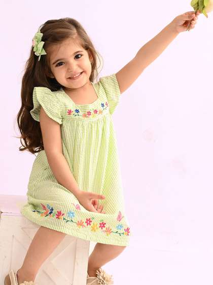 Nauti Nati Girls
                      Striped Floral Printed Cotton A-Line Dress