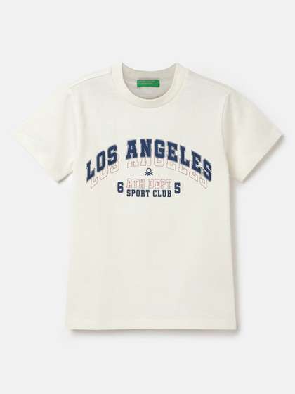 United Colors of Benetton Boys Typography Printed Pure Cotton Applique T-shirt