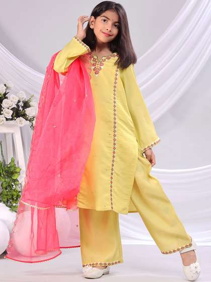 misbis Girls Embroidered
                    Sequinned Straight Kurta with Palazzos & With
                    Dupatta