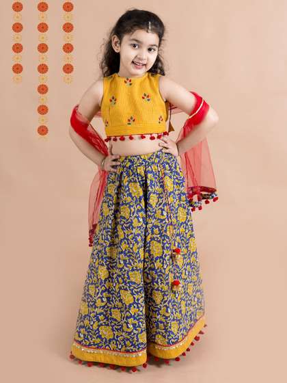 Pspeaches Girls Navy And
                    Mustard Cotton Lehenga Choli Dupatta Set