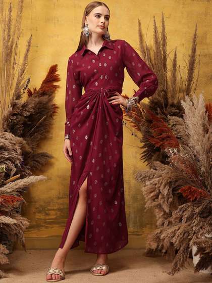 indo street Printed
                        Cuffed Sleeves Maxi Ethnic Dress