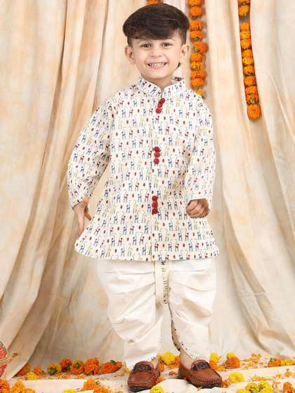 Polka Tots Boys Ethnic
                    Motifs Printed Regular Pure Cotton Straight Kurta
                    with Dhoti Pants