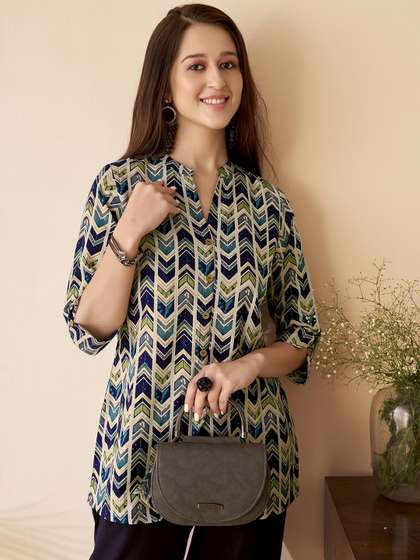 Anouk Blue Chevron
                        Printed Mandarin Collar Cotton A-Line Short
                        Republic Day Kurti