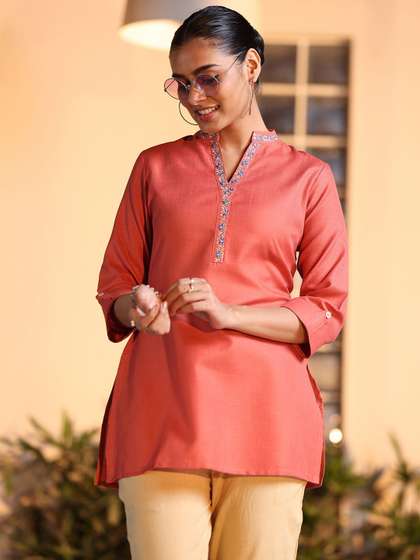 Libas Women Ethnic Motifs Embroidered Kurti with Roll up sleeves