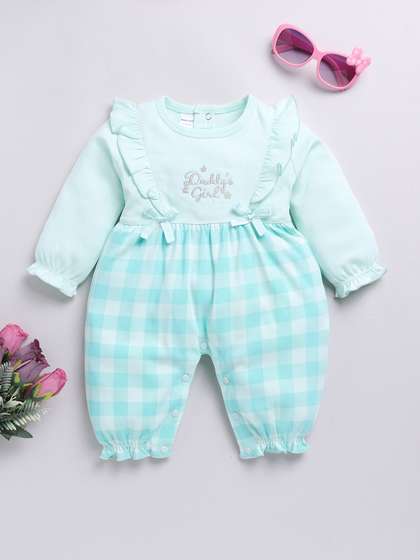 Moms Love Infant Girls
                    Checked Pure Cotton Rompers With Ruffle Detail