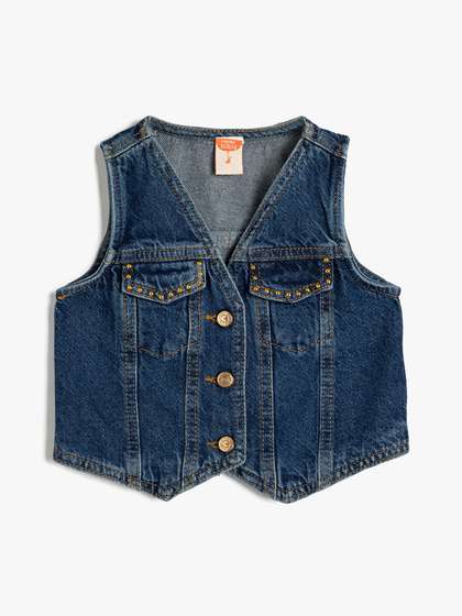 Koton Washed Crop Denim Jacket with Embroidered