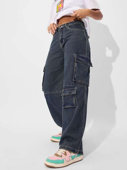 The Souled Store Women Baggy Fit Solid Blue Cargo Jeans