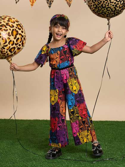 LIL DRAMA Girls Printed
                    Basic Jumpsuit with Hairband