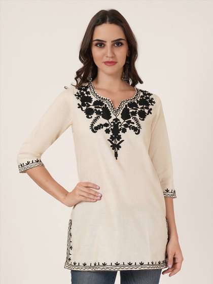 Brownverse Floral Embroidered Thread Work Pure Cotton Khadi Thread Work Kurti