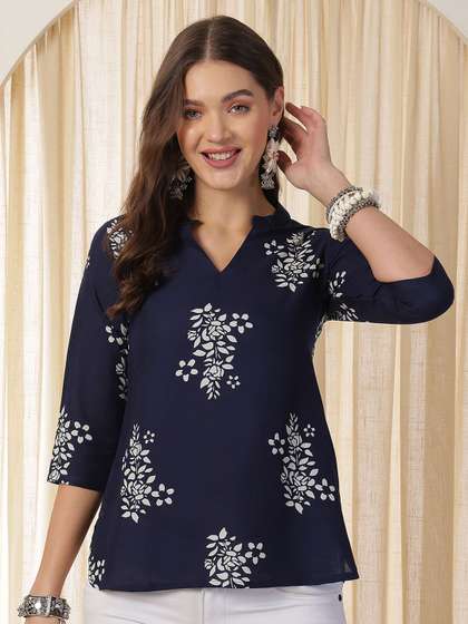 Anouk Rustic Floral Printed Mandarin Collar A-Line Top