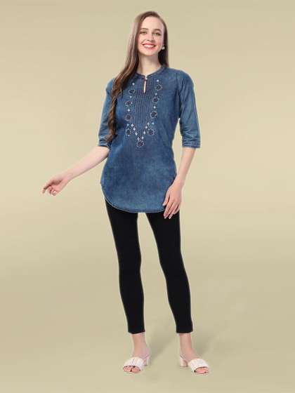 KALINI Women Floral Embroidered Thread Work Denim Thread Work Kurti