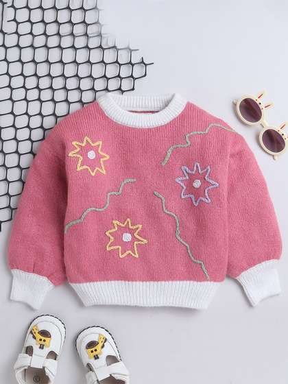 Yellow Apple Girls
                    Embroidered Woollen Pullover with Embroidered
                    Detail
