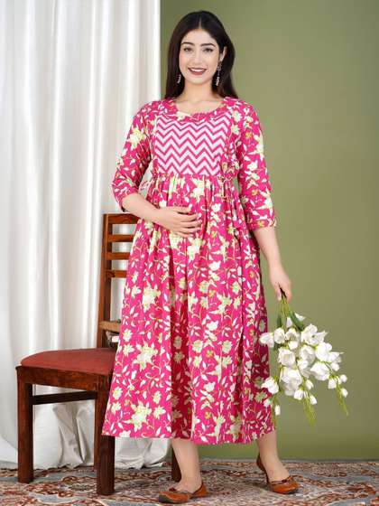 MURLI KURTI Floral Printed Gotta Patti Pure Cotton Maternity Gotta Patti Ethnic Dress