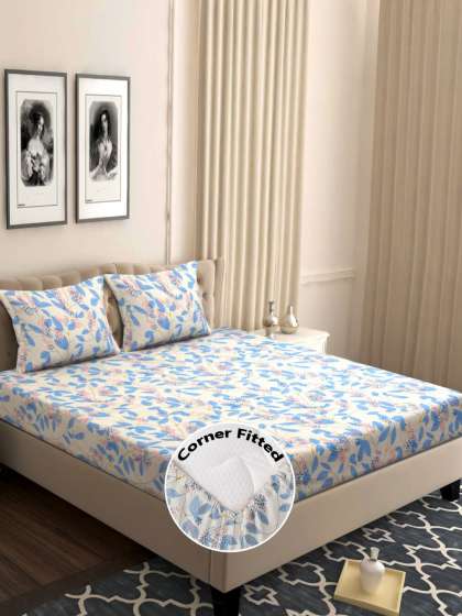 bsb home Grey & Blue Floral 210 TC Queen Bedsheet with 2 Pillow Covers