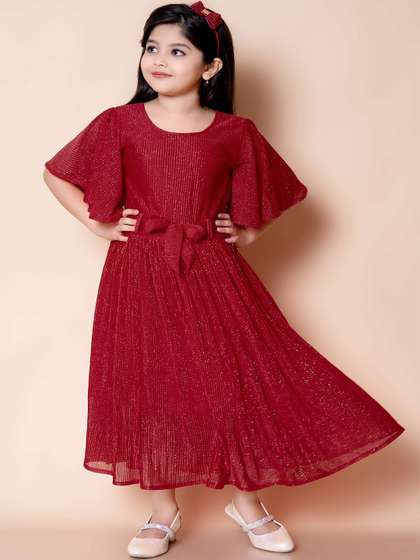 BAESD Girls Flared
                    Sleeve Self Design Embellished Cotton Fit &
                    Flare Maxi Dress