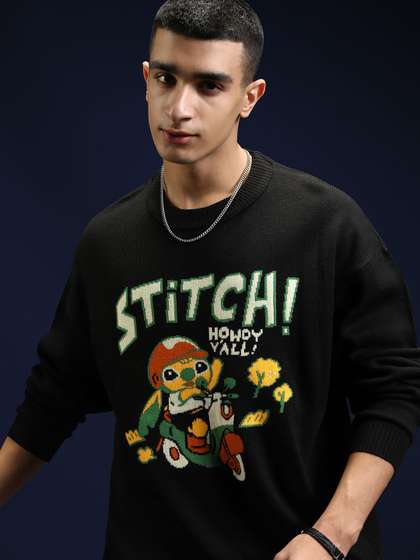 Highlander Disney
                        Men Stitch Jet Round Neck Self Design Sweater
