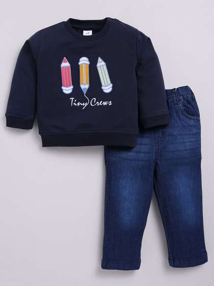 Dollar Kid Super Soft
                      Printed Long Sleeves T Shirt With Denim Pant Set