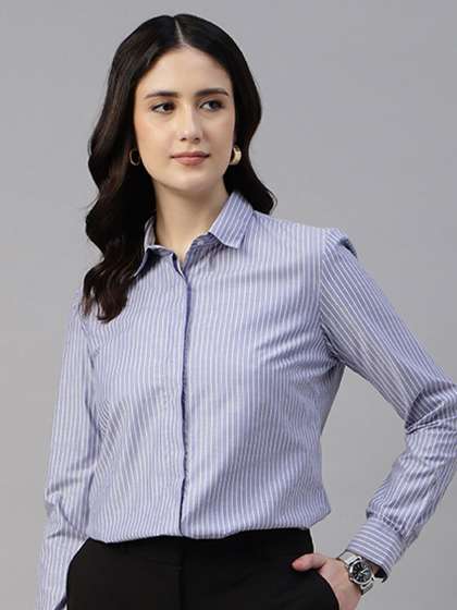English Navy Women Opaque Striped Formal Shirt