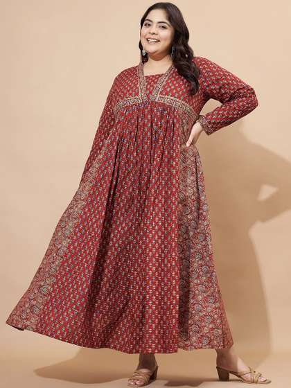 Vbuyz Plus Floral
                        Printed Square Neck Cotton Maxi Ethinic Dress