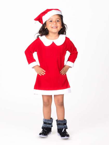 itsmycostume Girls
                    Christmas Santa Costume A-Line Dress With Santa Cap