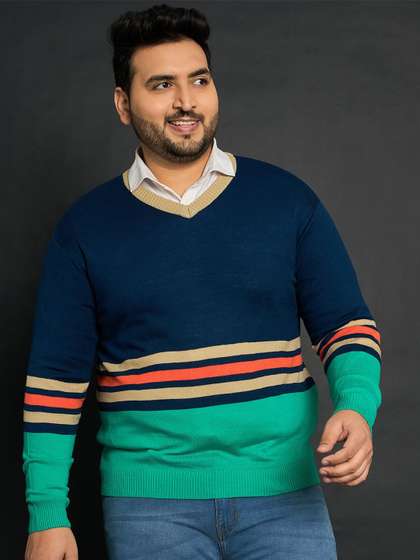 bigbanana Men Plus
                        Size Colourblocked Striped Pullover Sweater