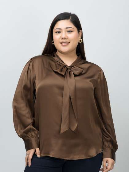 PURYS PLUS Women
                        Plus Size Tie-Up Neck Satin Top