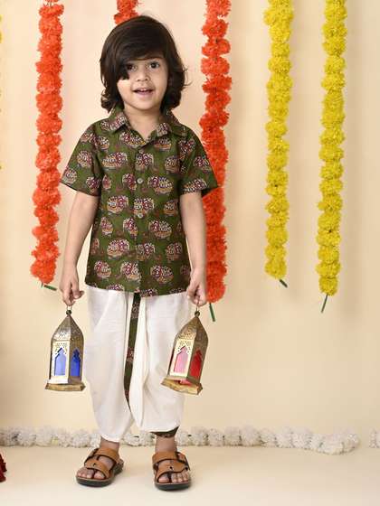 BAESD Boys Quirky
                        Printed Shirt Collar Short Sleeves Pure Cotton
                        Shirt & Dhoti Pant
